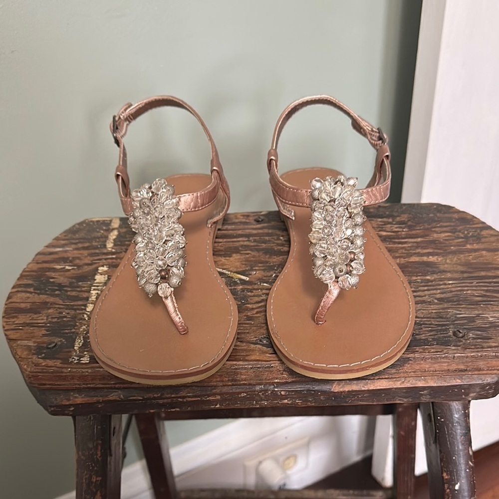 OLD NAVY Elegant Crystal Embellished Rose Gold Faux Leather T-Strap Sandals